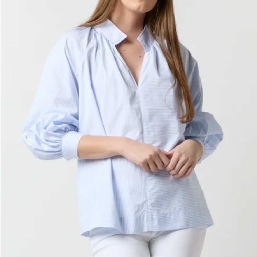 Ann Mashburn Liya Sky Mixed Stripe Top Light Blue Blouse Poplin Medium